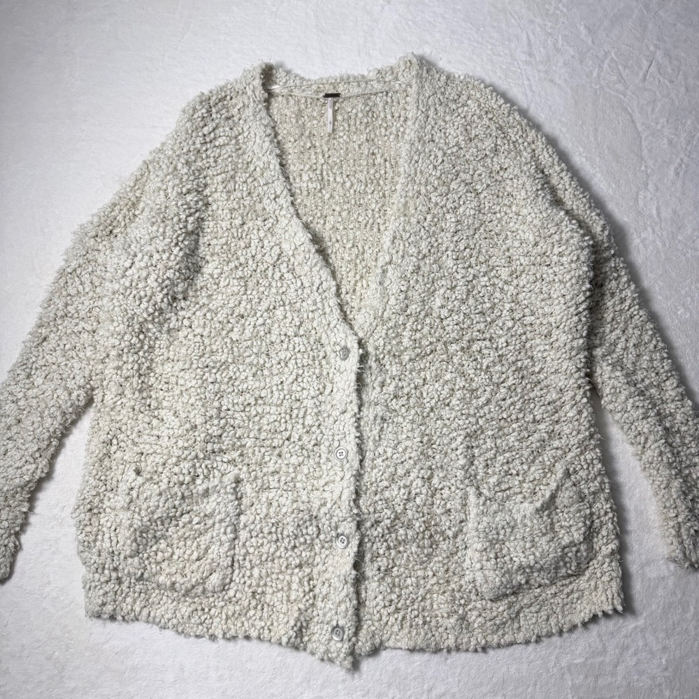 Free People Womens Size L Boucle‎ Cardigan Sweater Oversized Chucky Knit Oatmeal